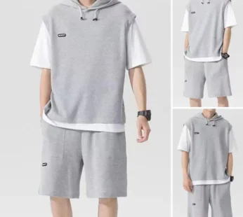 Fake Two Pieces Outfit Men’s Casual Sport Outfit Set with Hooded